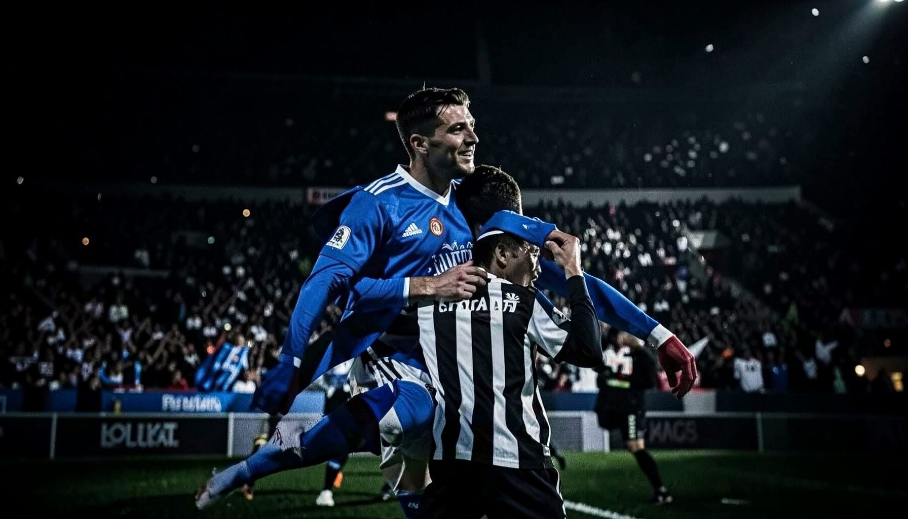 Napoli blue against Juventus black-and-white stripes, intense Serie A rivalry captured in dramatic chiaroscuro stadium lighting