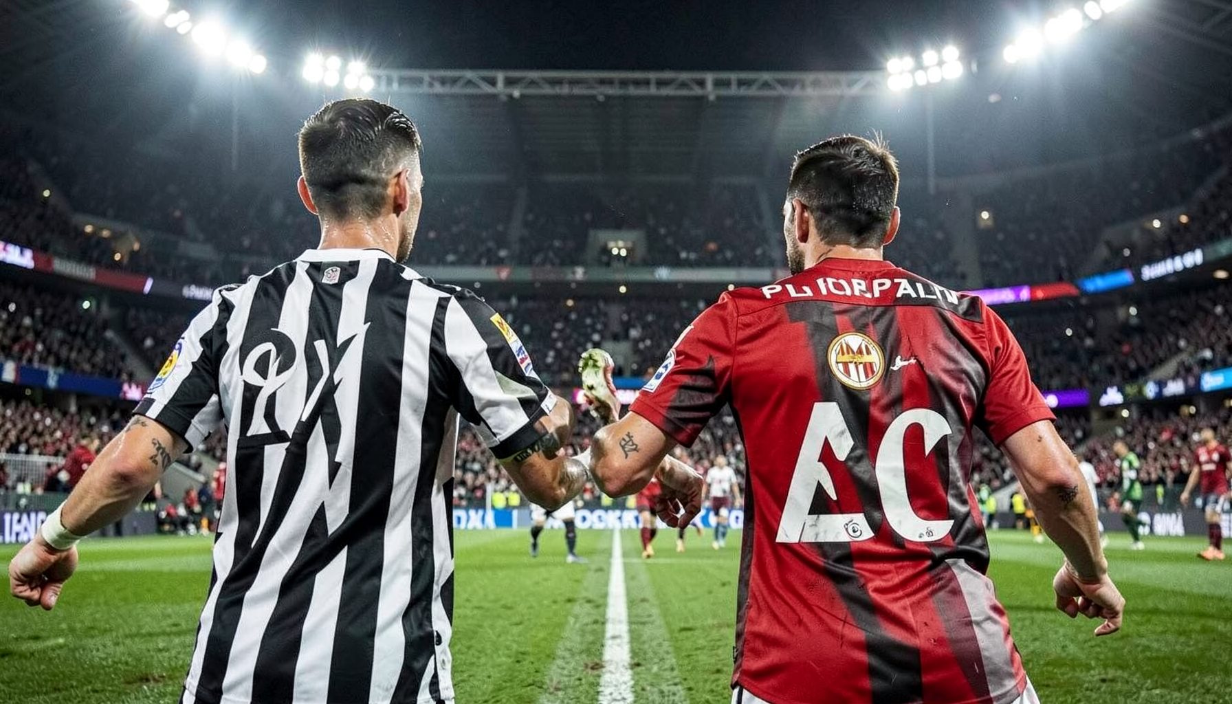 Juventus black-and-white stripes facing AC Milan's red-and-black, iconic Italian football rivalry under bright stadium lights