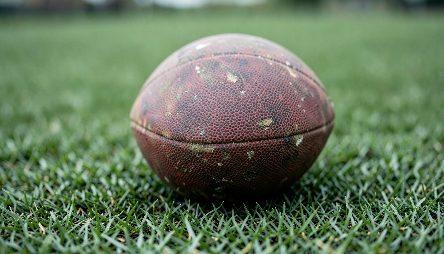 Close-up of a well-worn football resting on green turf, soft natural light, rich greens and muted white tones