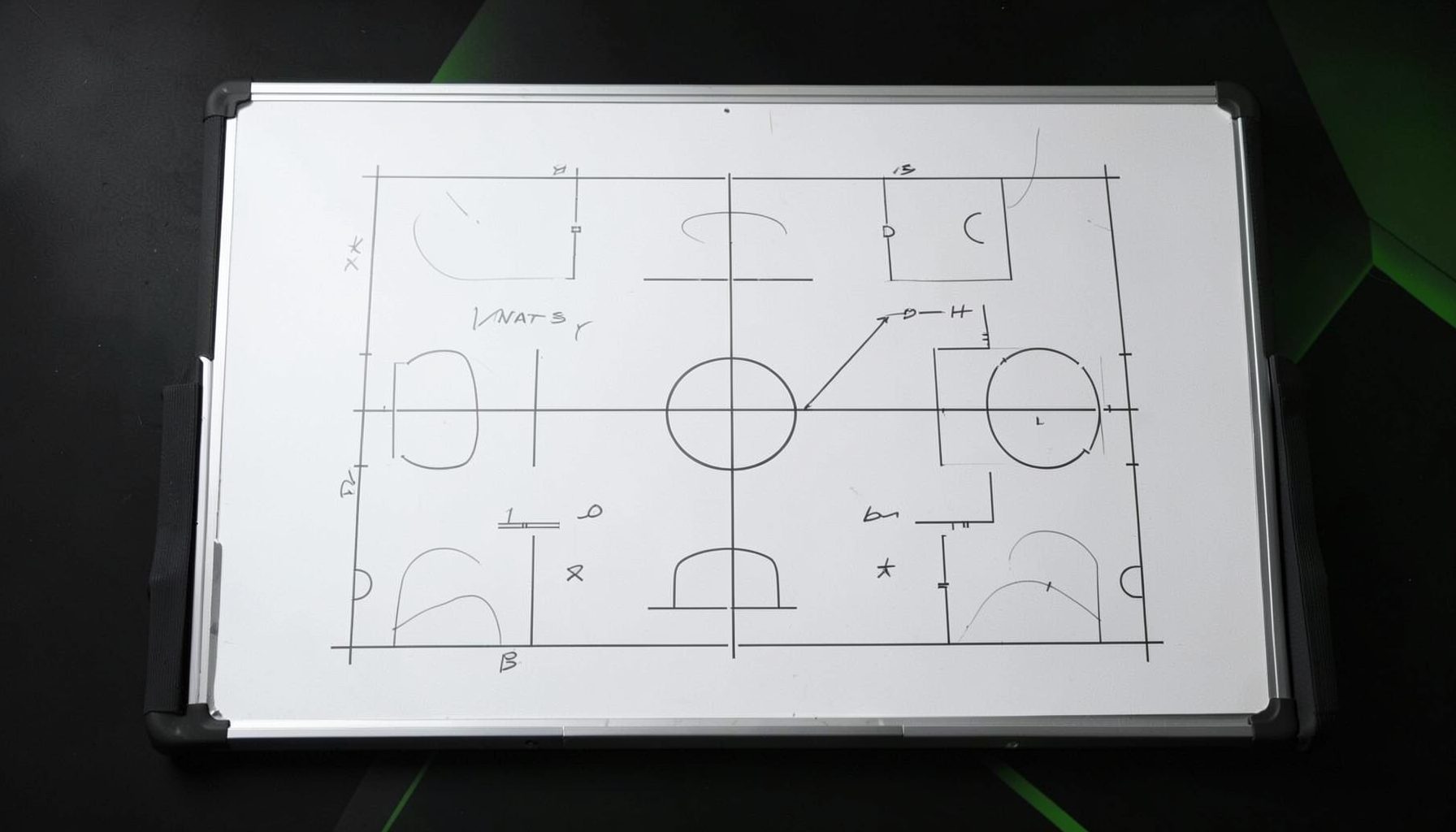 Tactical whiteboard with football formation markings, dark background with subtle green accents