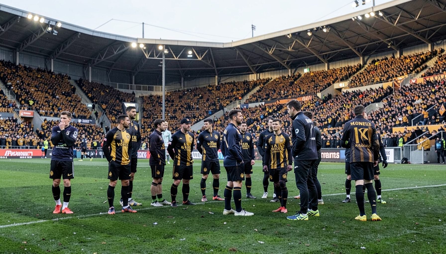 Molineux Stadium on a cold winter afternoon, the old gold and black colours of Wolves visible in the stands, players lining up before the whistle