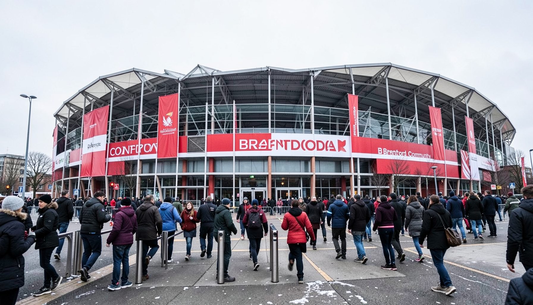 Brentford Community Stadium exterior on matchday, red-and-white striped banners, supporters streaming toward the turnstiles under a pale winter sky
