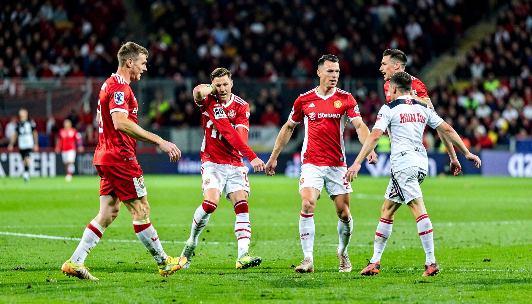 Bayer Leverkusen and RB Salzburg players in action, red and white kits against a green pitch, bright stadium lighting