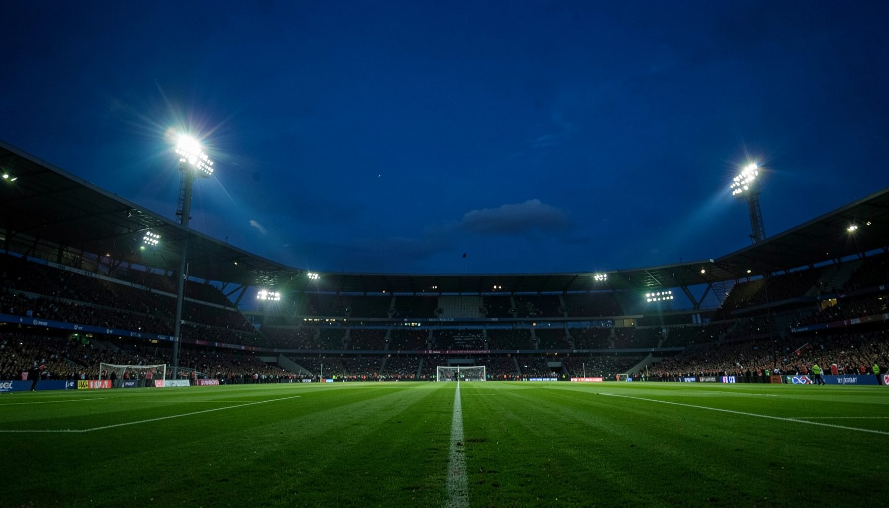 A moody stadium at dusk with floodlights glowing against a deep blue sky, green pitch stretching across the frame