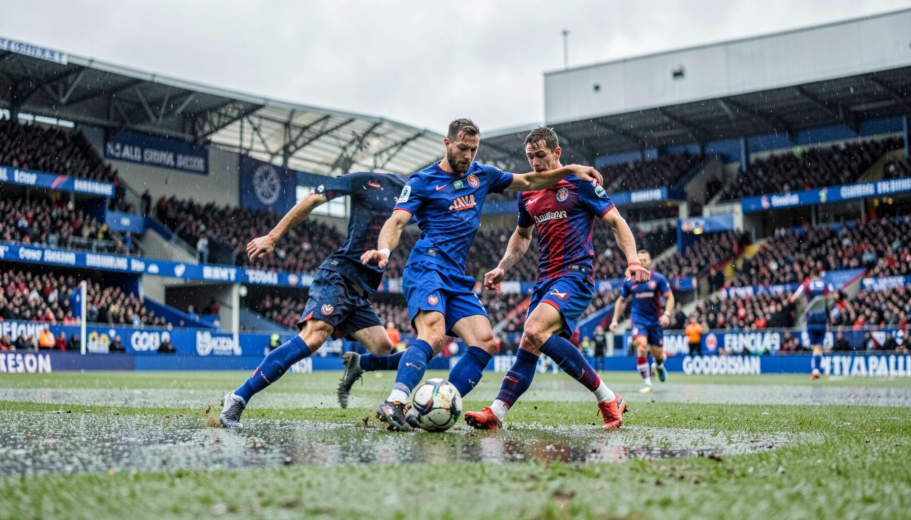 A close ground-level view of a football match at Goodison Park, blue banners visible in the stands, players in royal blue and red kits contesting the ball on a rain-dampened pitch under grey skies