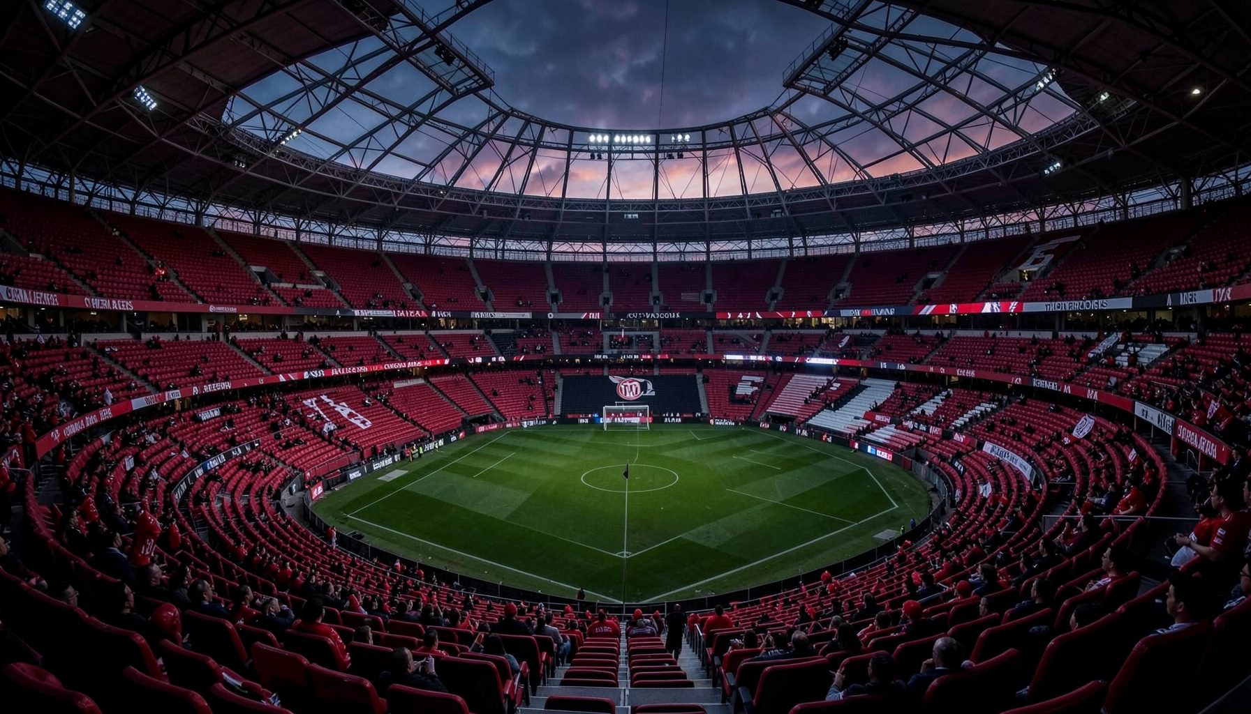 San Siro stadium interior with AC Milan red-and-black and Crvena Zvezda red-and-white colors, dramatic evening atmosphere