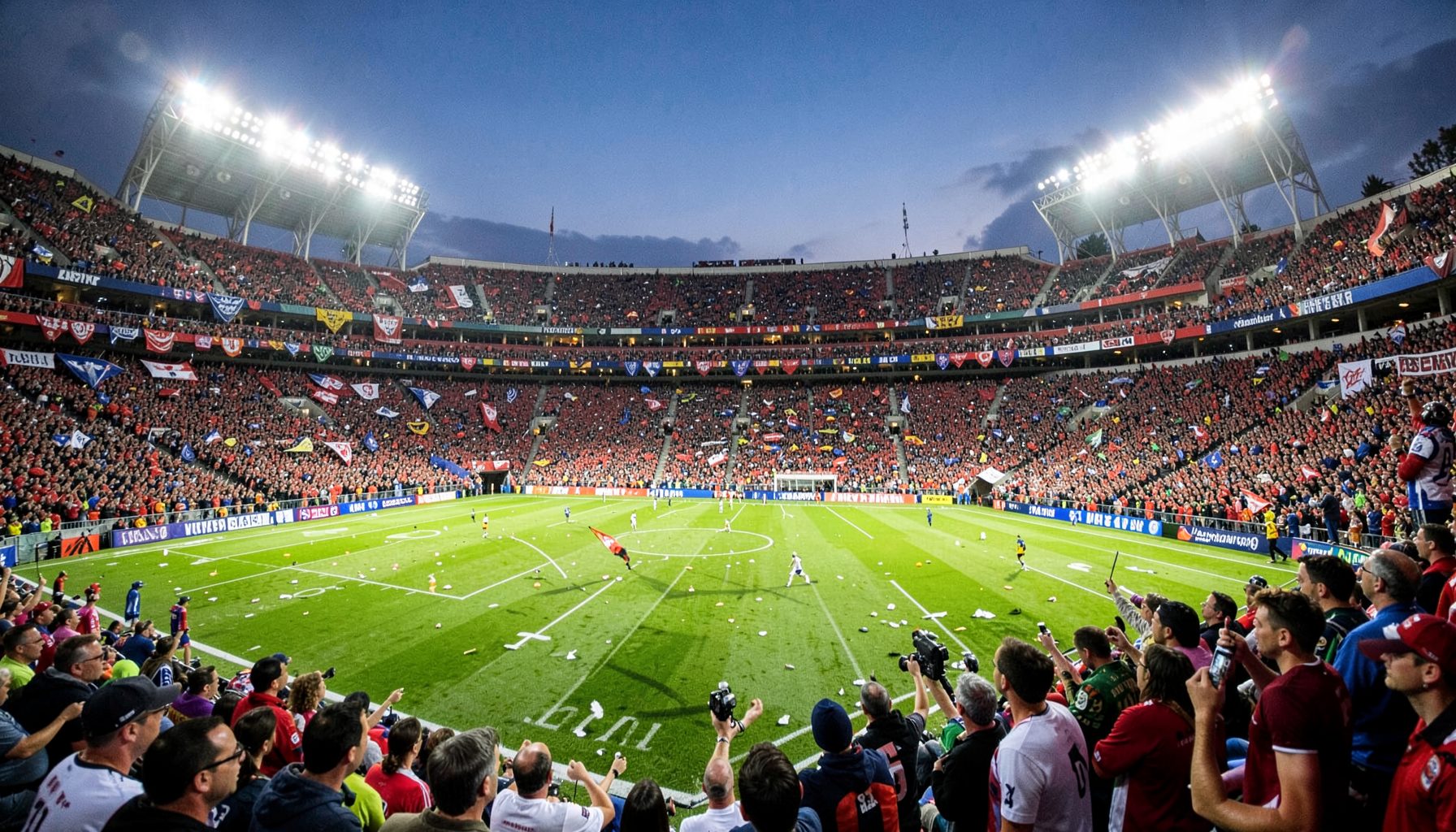 A wide-angle view of a packed football stadium under evening lights, with colorful team banners visible in the stands and a vibrant atmosphere of live match action