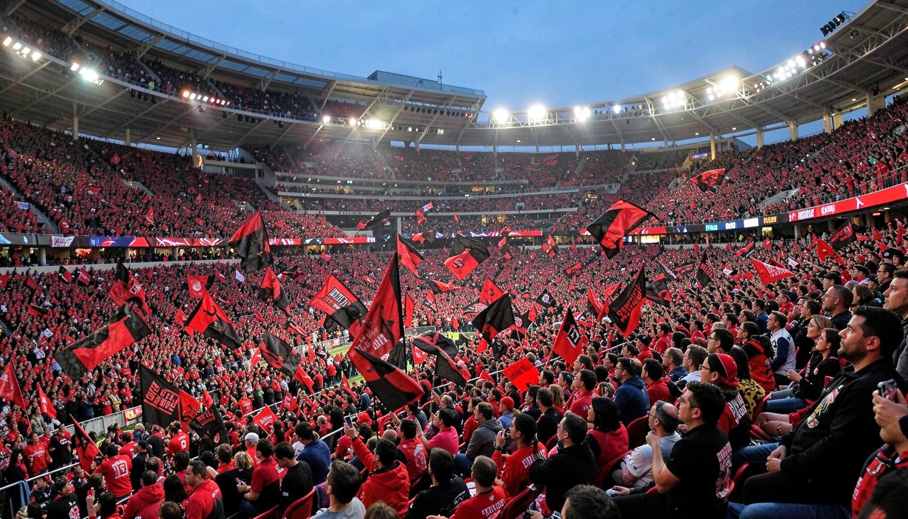 A wide-angle view of a packed stadium under evening lights, red and black banners waving in the stands
