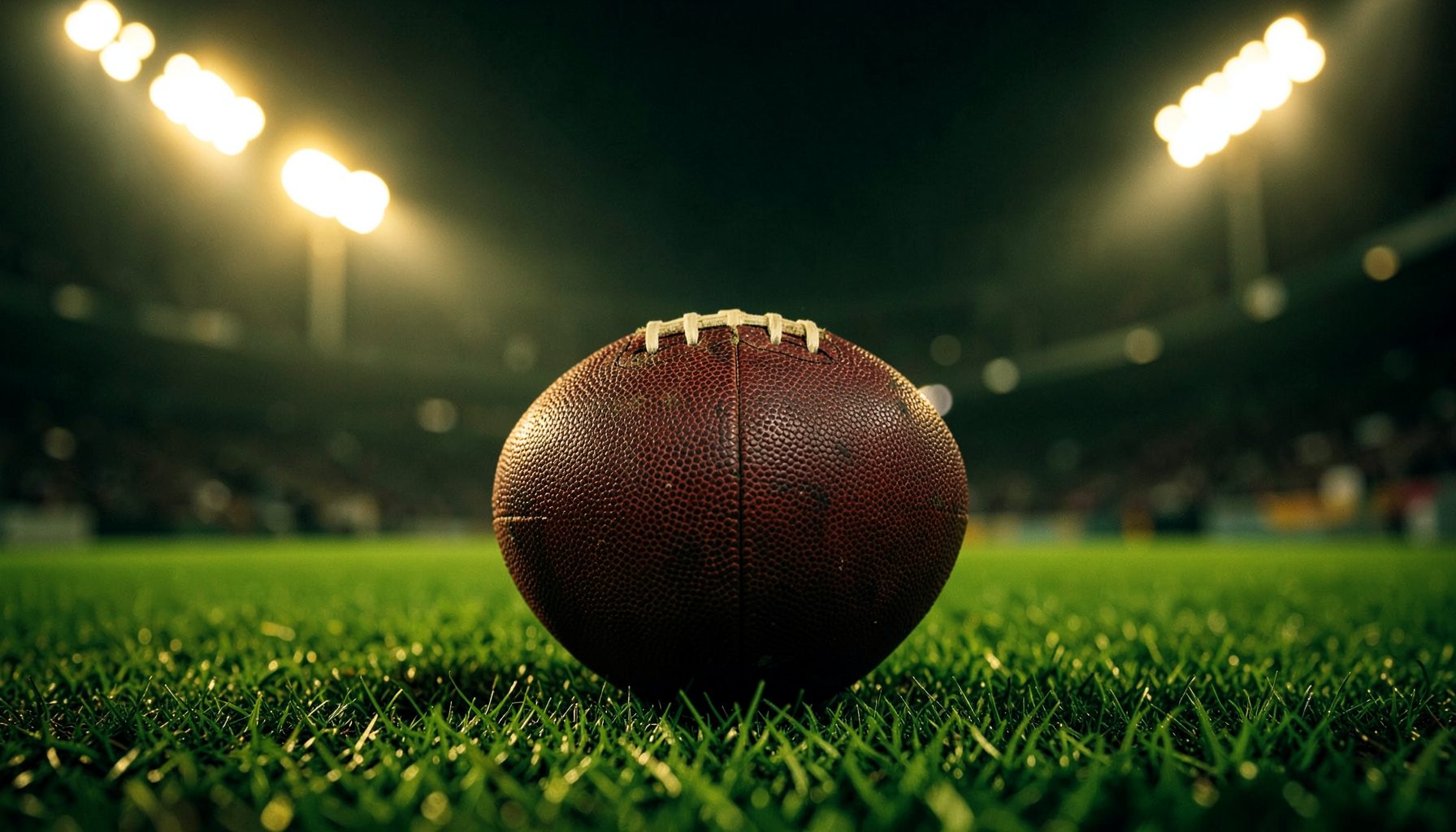 Close-up of a football on green grass with stadium lights glowing in the background, deep greens and warm amber tones