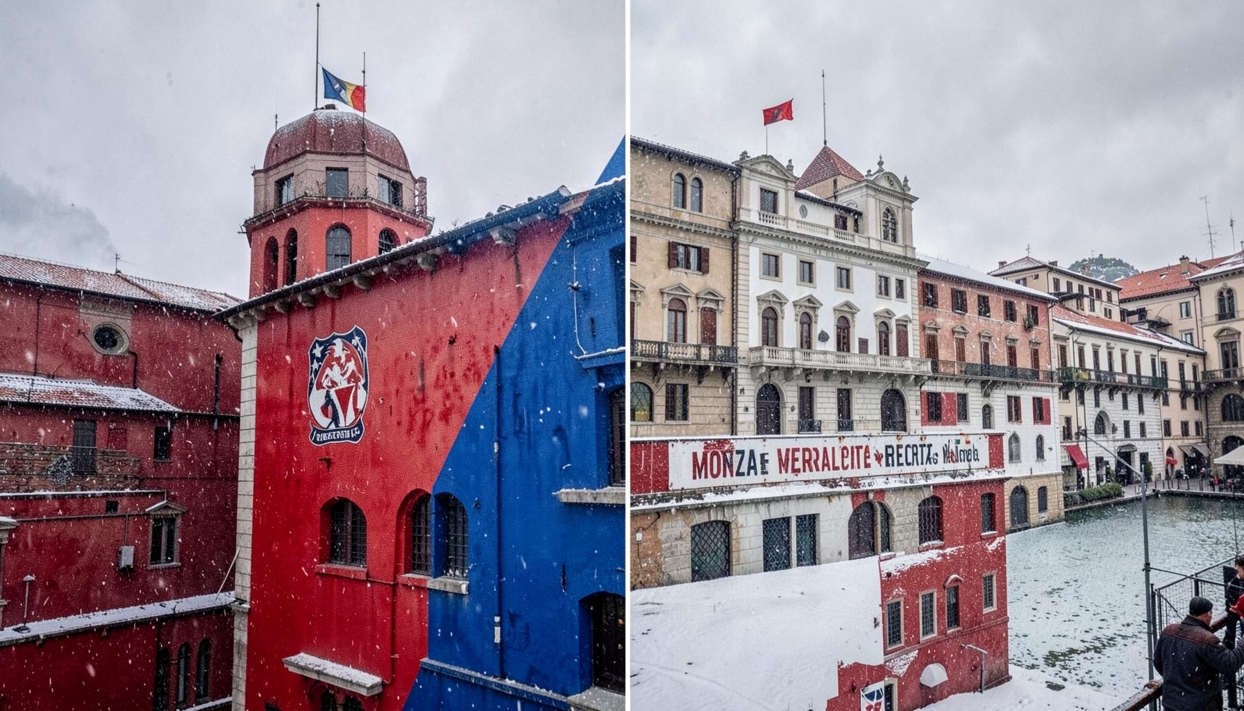 Genoa's red-and-blue halves against Monza's white-and-red, gritty northern Italian football atmosphere under grey winter skies