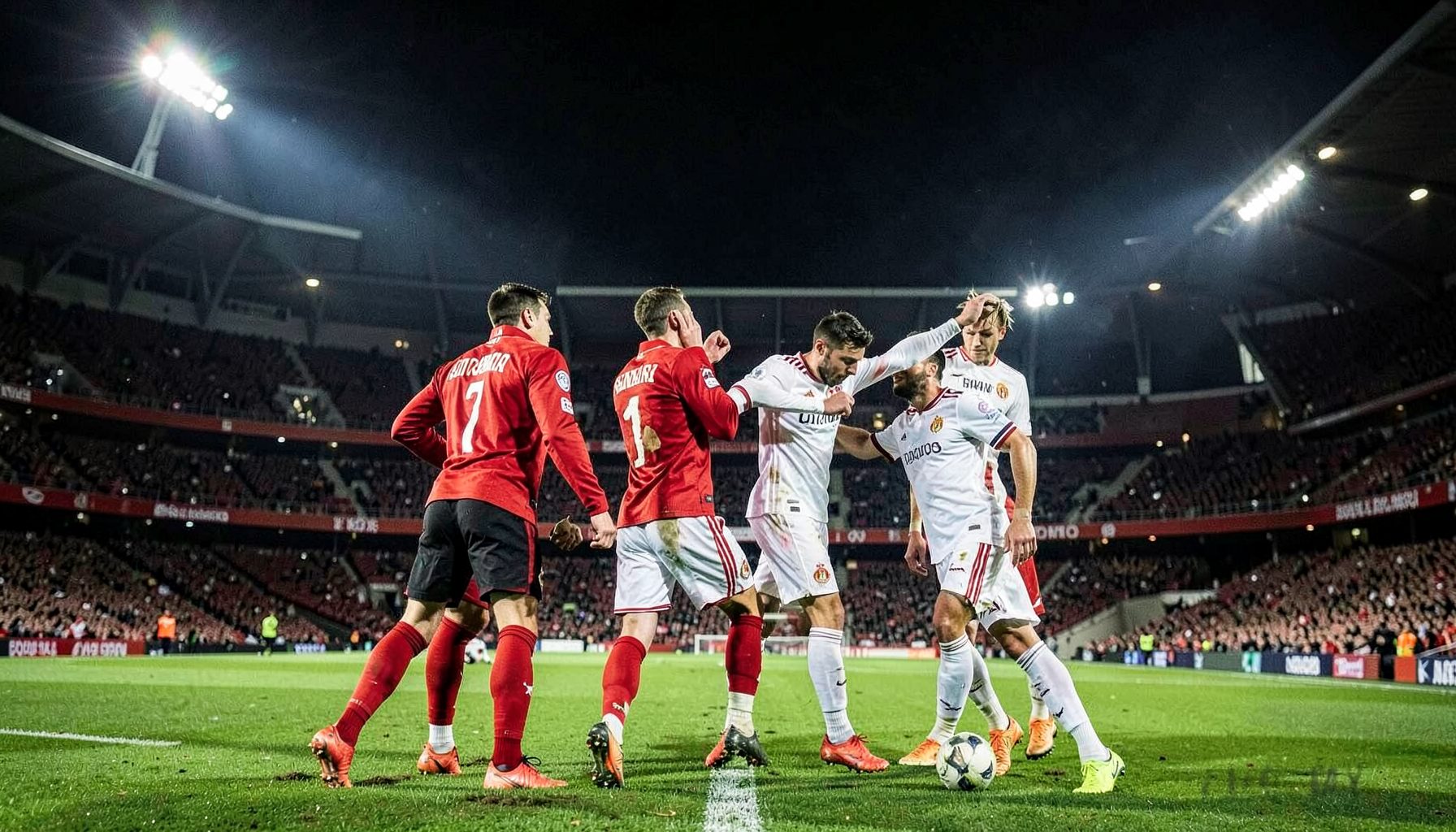 Anfield stadium with Liverpool red and Real Madrid white kits clashing, iconic European night atmosphere under floodlights