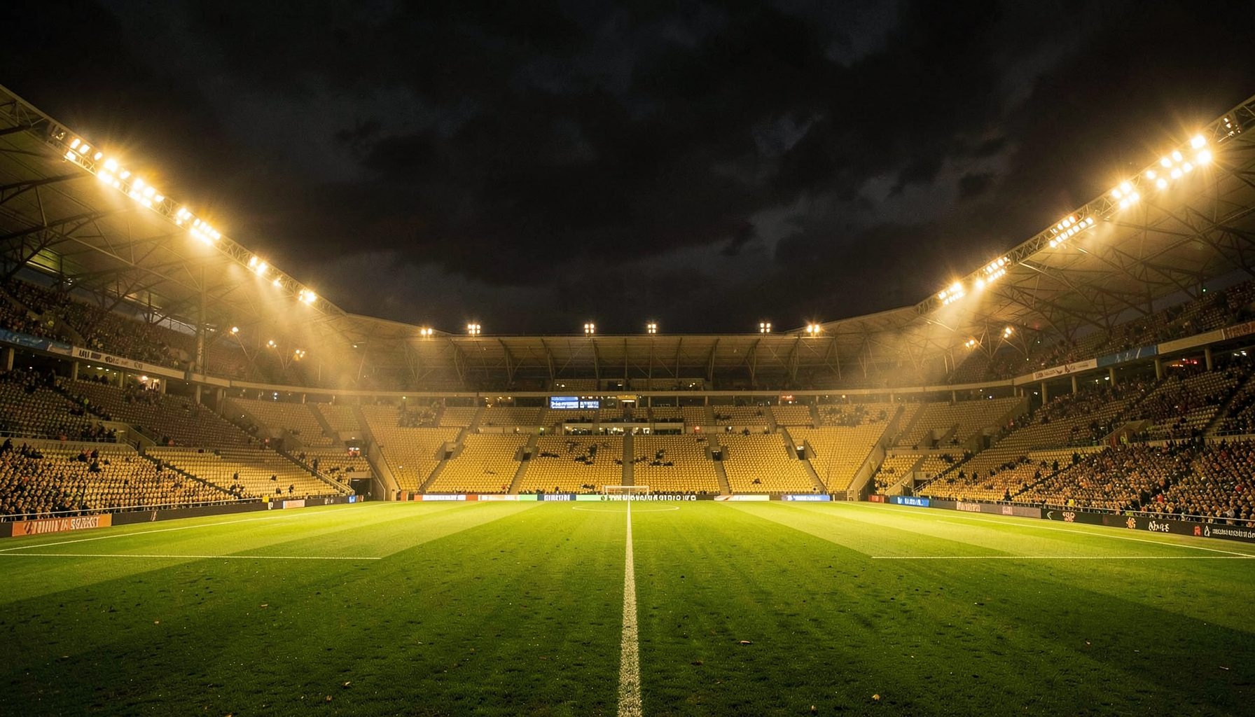 A dramatic floodlit football stadium at night with a lush green pitch, empty stands bathed in warm golden light, and a moody dark sky above, conveying anticipation and the thrill of matchday