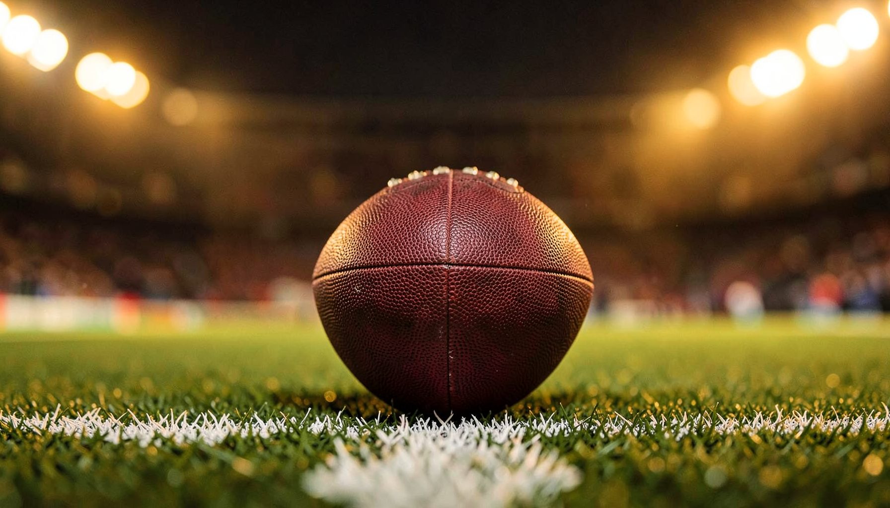 Close-up of a football on the centre circle, stadium blurred in the background with warm amber floodlight tones