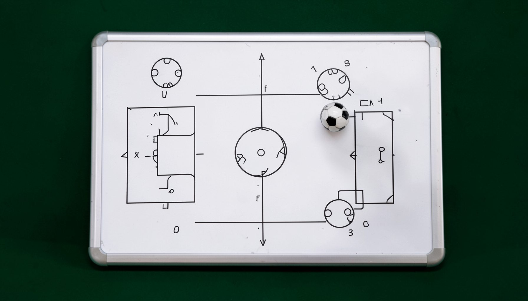 A tactical whiteboard with football formation markings and a ball, set against a dark green background, suggesting strategic match analysis