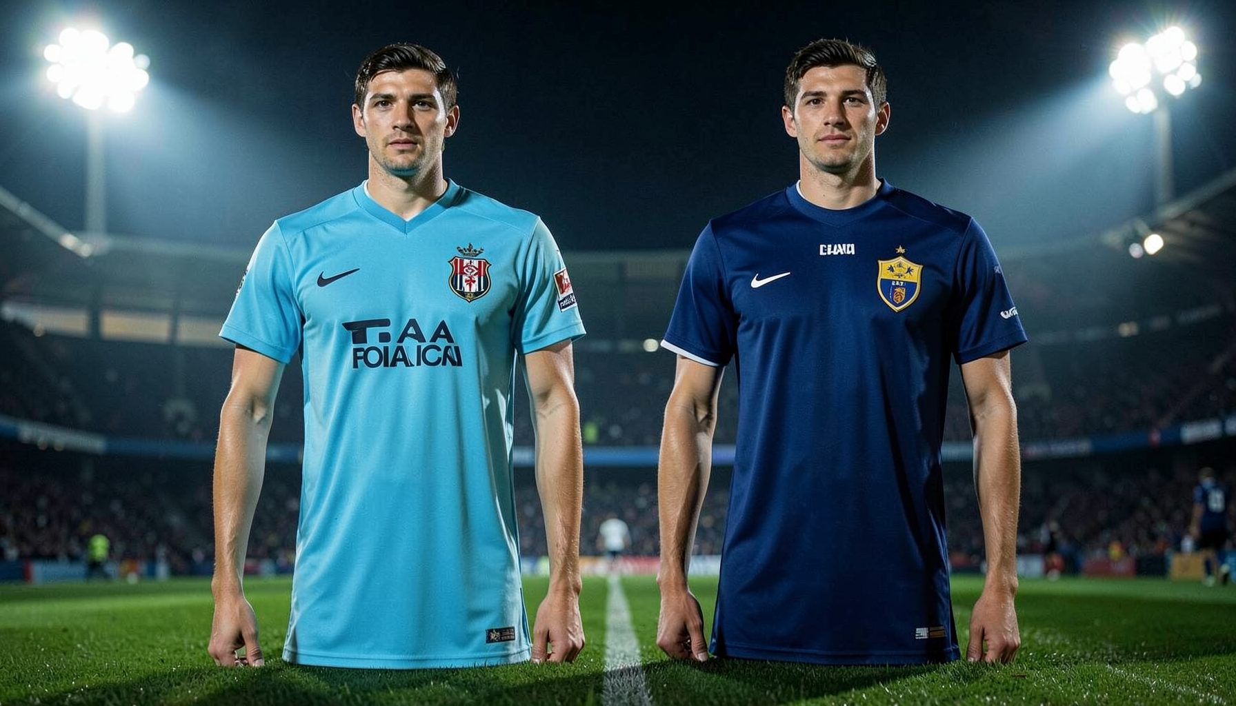 Sky-blue Lazio shirt and deep-blue Napoli shirt side by side, soft stadium floodlights casting long shadows across the frame