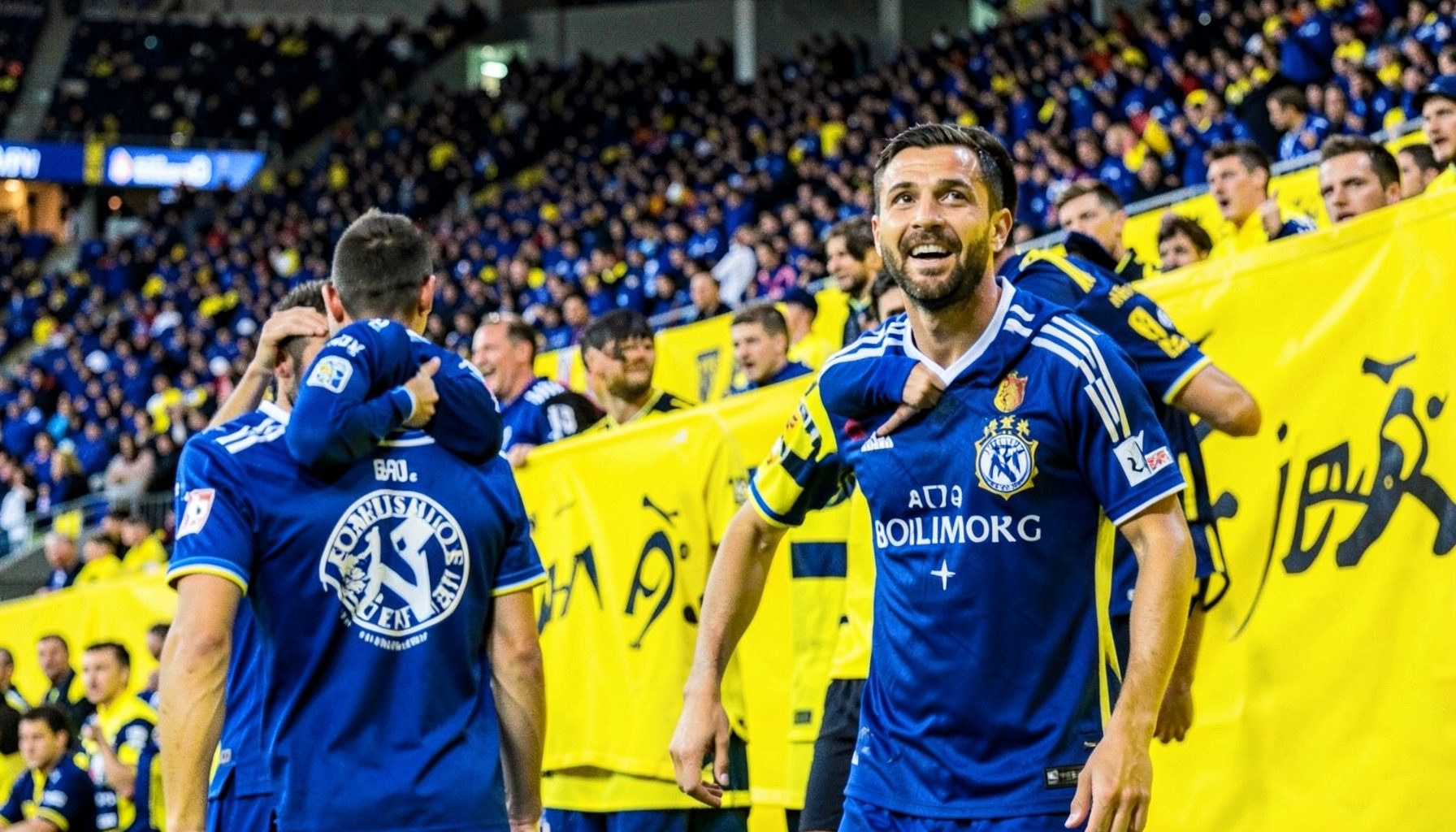 Dinamo Zagreb blue jerseys and Borussia Dortmund yellow wall in a packed stadium, vibrant contrast of deep blue and bright yellow