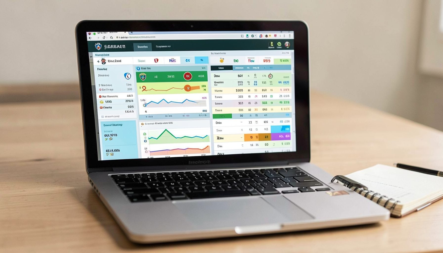A laptop screen displaying football statistics and charts, with a notebook beside it, conveying data-driven sports analysis