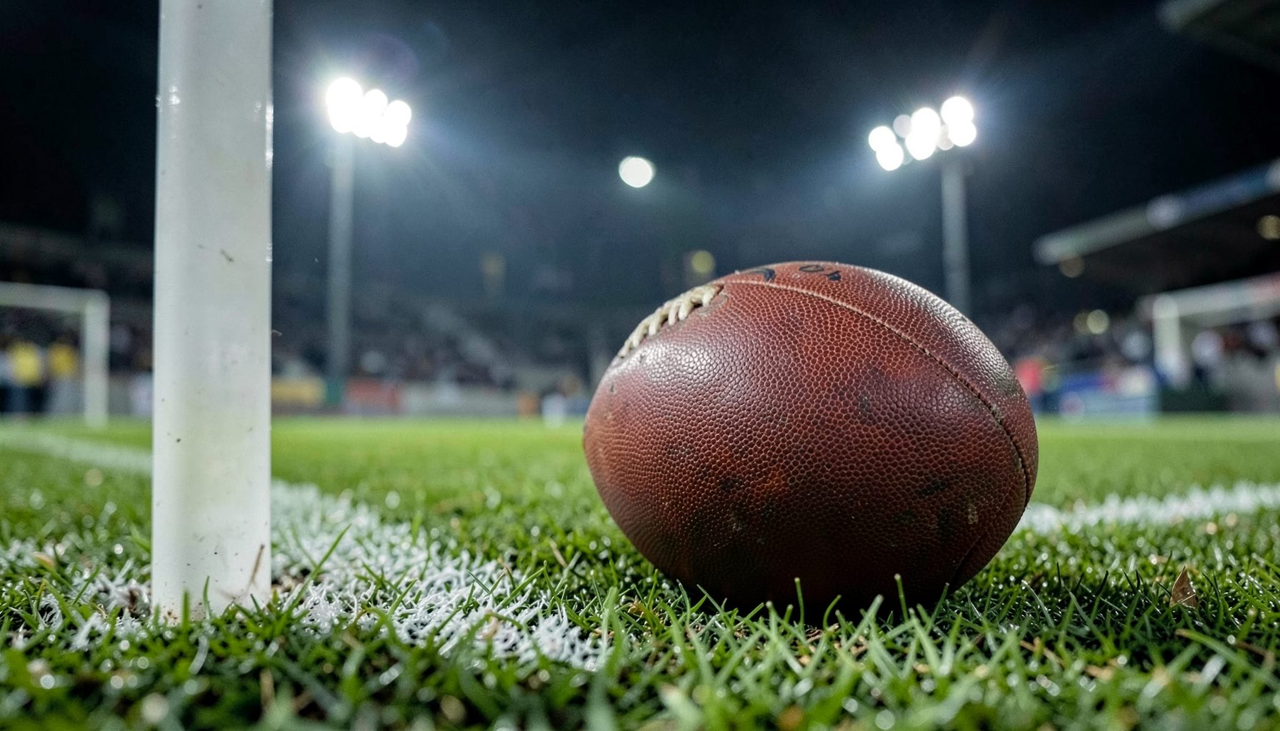A close-up view of a football resting on green grass near the corner flag, with stadium floodlights glowing softly in the background, evoking focus and preparation