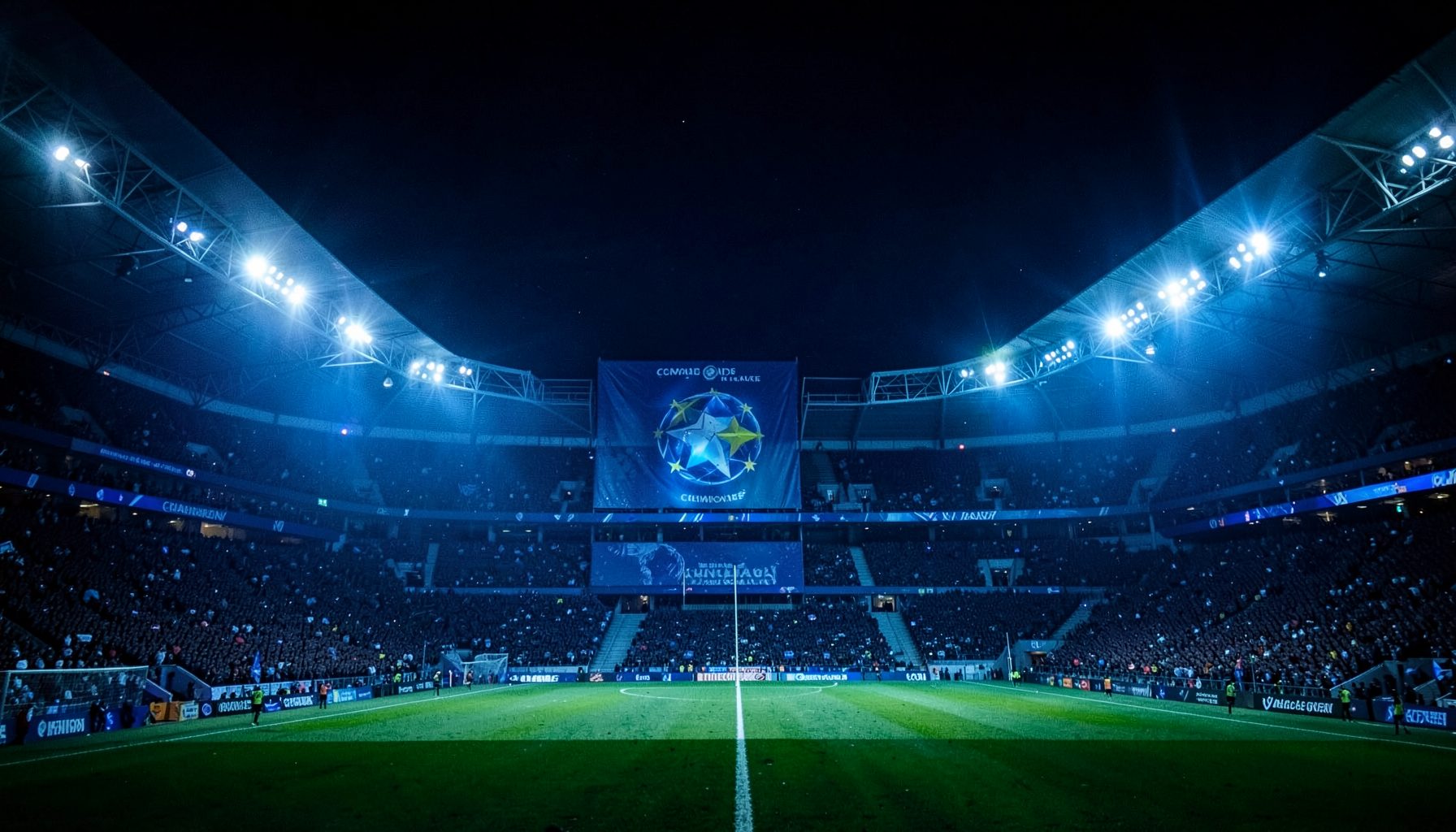 A dramatic floodlit football stadium at night with a Champions League star-ball banner visible, deep navy and electric blue tones dominating the scene