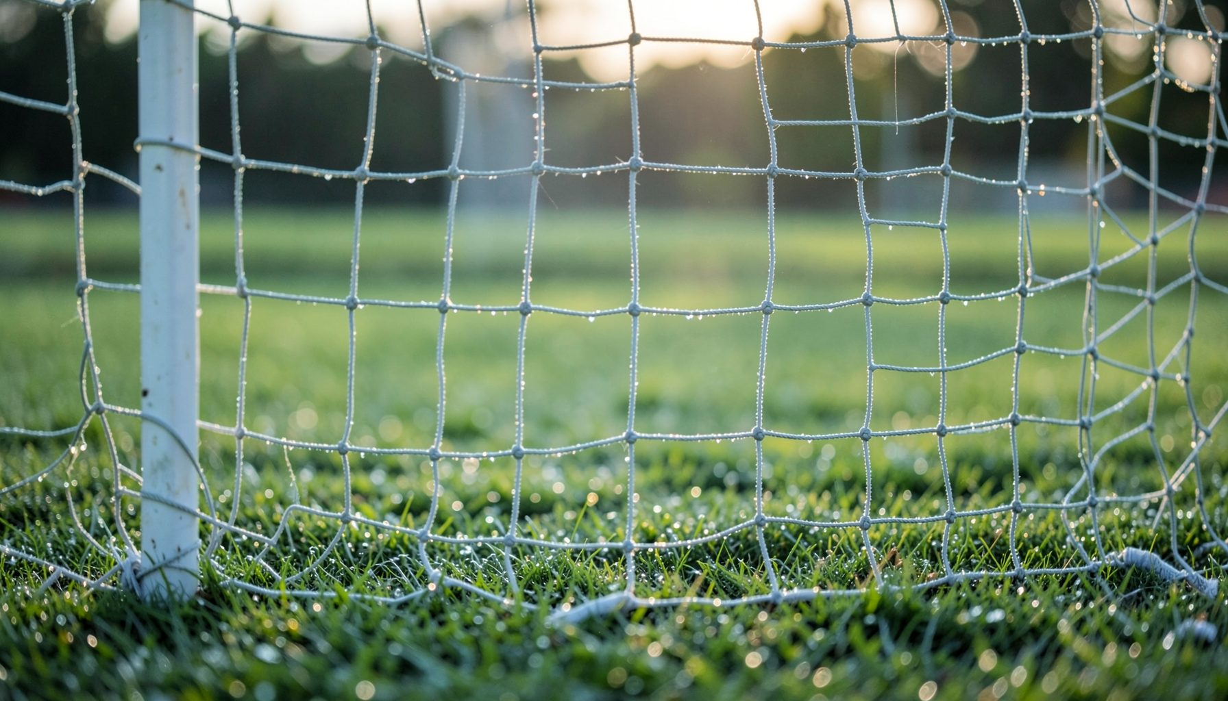 Football goal net seen from behind, shallow depth of field, morning dew on the grass, serene green palette