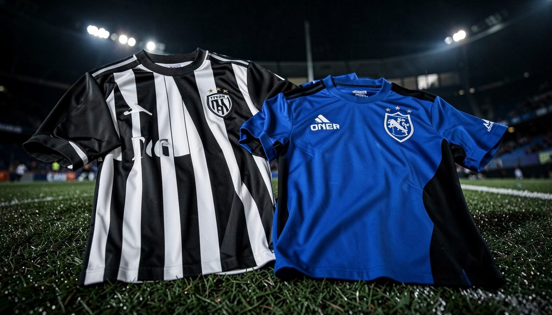 Close-up of a black-and-white striped Juventus shirt beside a blue-and-black Inter Milan jersey on a textured pitch background, moody stadium lighting