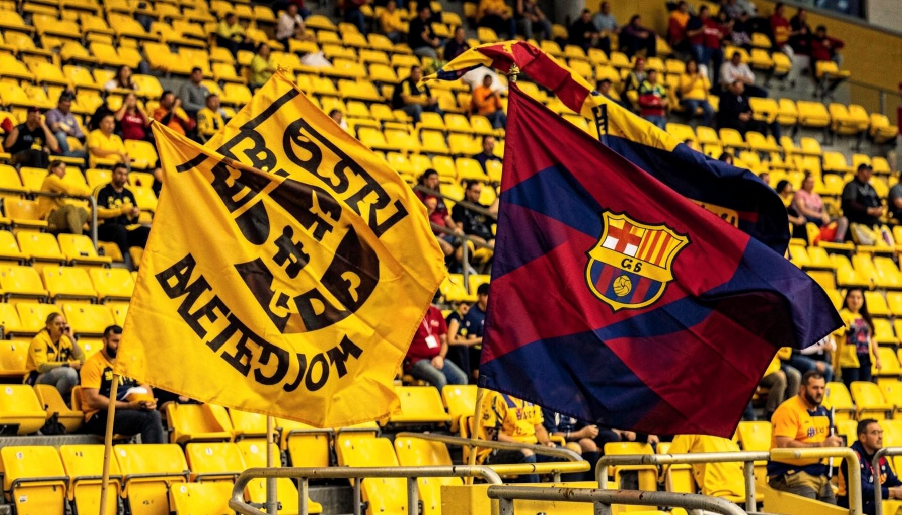 Borussia Dortmund yellow wall terrace and Barcelona blaugrana flags side by side, warm gold and deep crimson tones