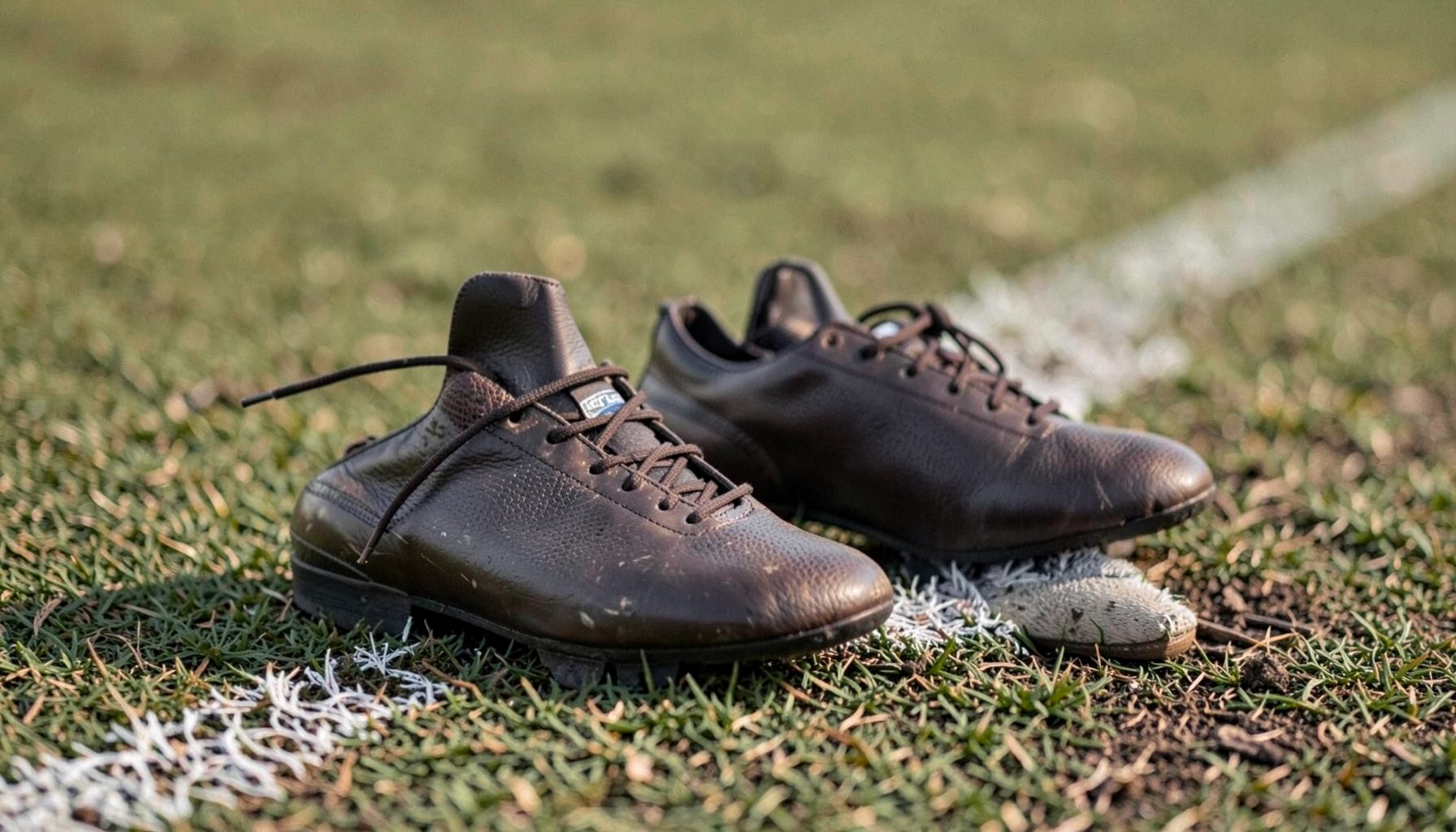 Football boots resting on a pitch sideline, soft natural light, earthy green and brown tones