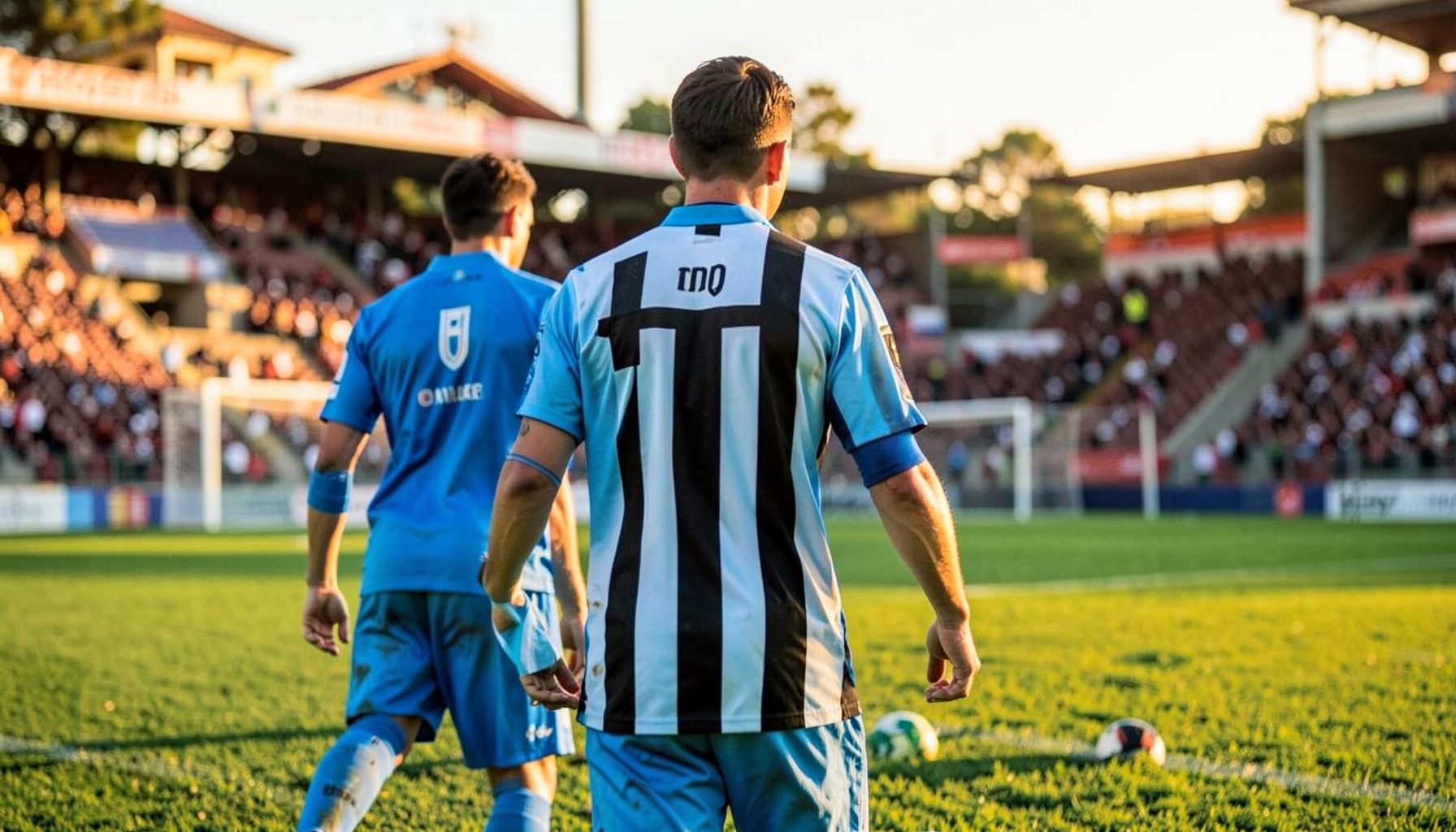Napoli's azure blue kit against Udinese's black-and-white stripes, warm Mediterranean sunlight on the pitch