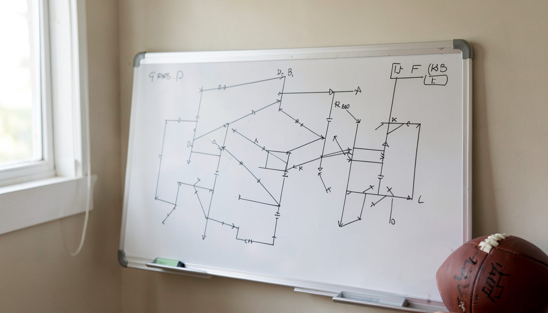 A tactical whiteboard with formation markings, soft natural light from a nearby window, football in the corner