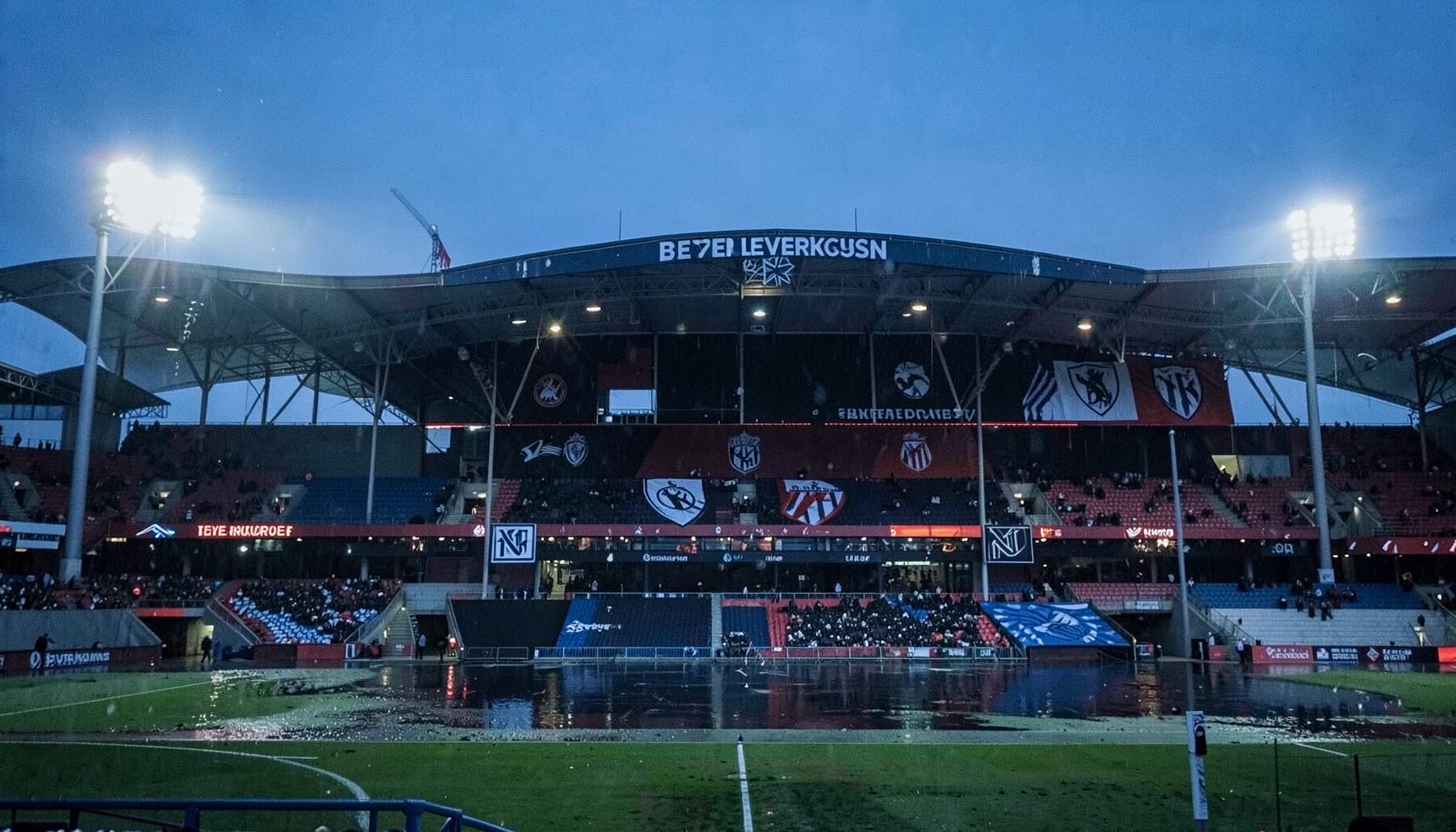 BayArena under floodlights with Bayer Leverkusen black-and-red and Inter Milan blue-and-black motifs, cool evening tones